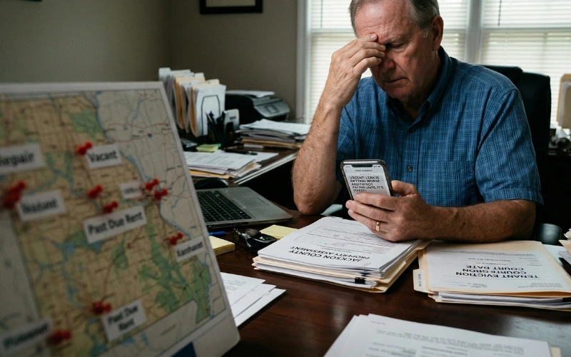 A realistic, dramatic high-quality photograph taken from a private dock looking out over a calm Table Rock Lake in Missouri. The scene captures the bright, natural light of a late morning in the Ozarks. In the foreground, slightly out of focus, a single set of brass house keys rests on top of a formal, clean manila folder titled