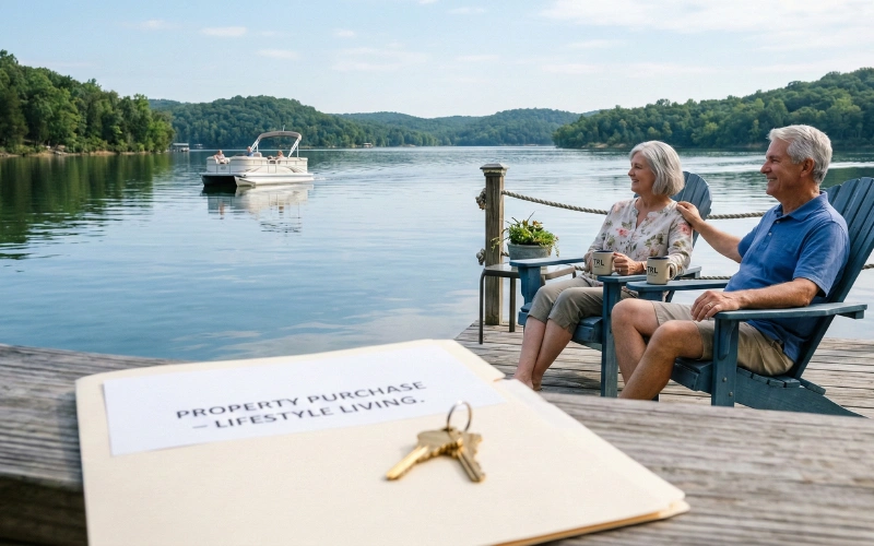 A realistic, dramatic high-quality photograph taken from a private dock looking out over a calm Table Rock Lake in Missouri. The scene captures the bright, natural light of a late morning in the Ozarks. In the foreground, slightly out of focus, a single set of brass house keys rests on top of a formal, clean manila folder titled "Property Purchase - Lifestyle Living." Beyond the folder, looking relaxed and burden-free, are the same older couple (implied to be the seller and spouse from the first stress photo), sitting in comfortable Adirondack chairs with coffee mugs, watching a boat go by. The whole scene evokes profound relief, freedom, and the peace of mind that comes with retiring with 100% of their equity intact. Commercial lifestyle photography style.