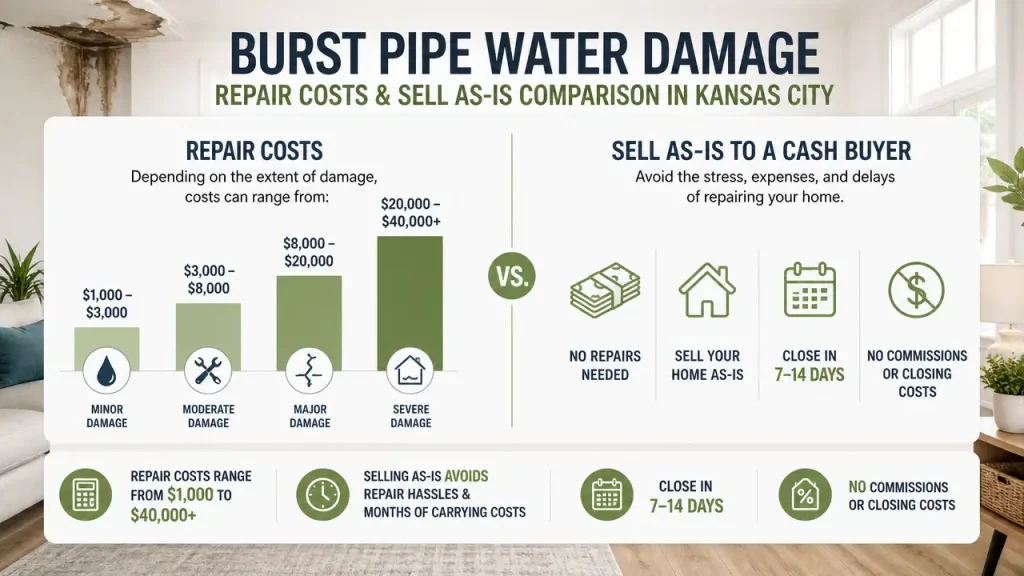 burst pipe water damage in Kansas City - repair costs and sell as is comparison