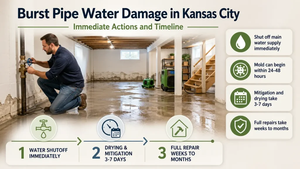 burst pipe water damage in Kansas City - Immediate actions and timelines